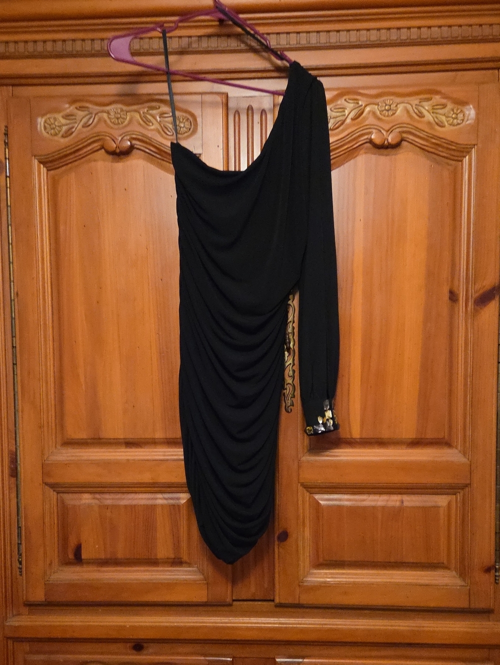 One-Shoulder Black Ruched Dress with Embellished Cuff